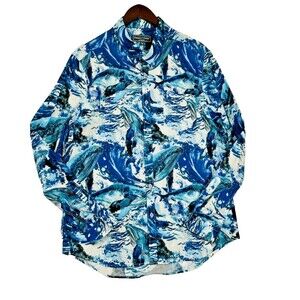 Mens‎ Graphic Button Up Shirt Size XXL Blues Ocean Waves Slim Fit Paisley & Gray